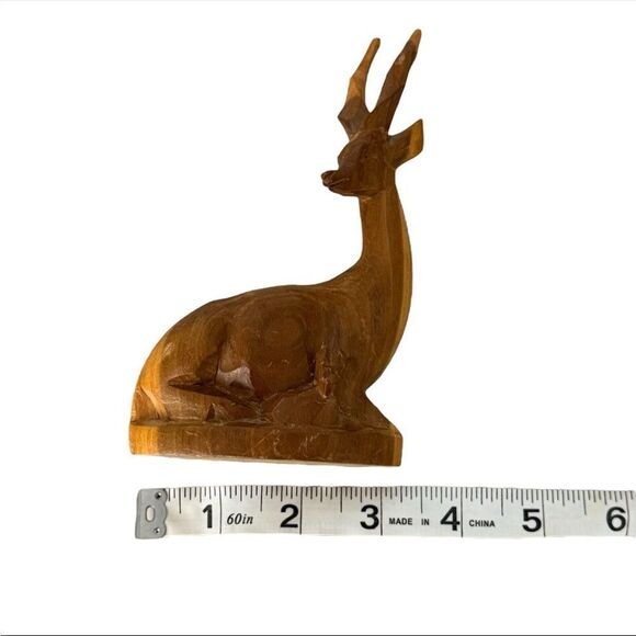 Antelope Gazelle Mid Century Hand Carved Teak Wooden Figurines Pair Vintage 6" - Picture 6 of 7